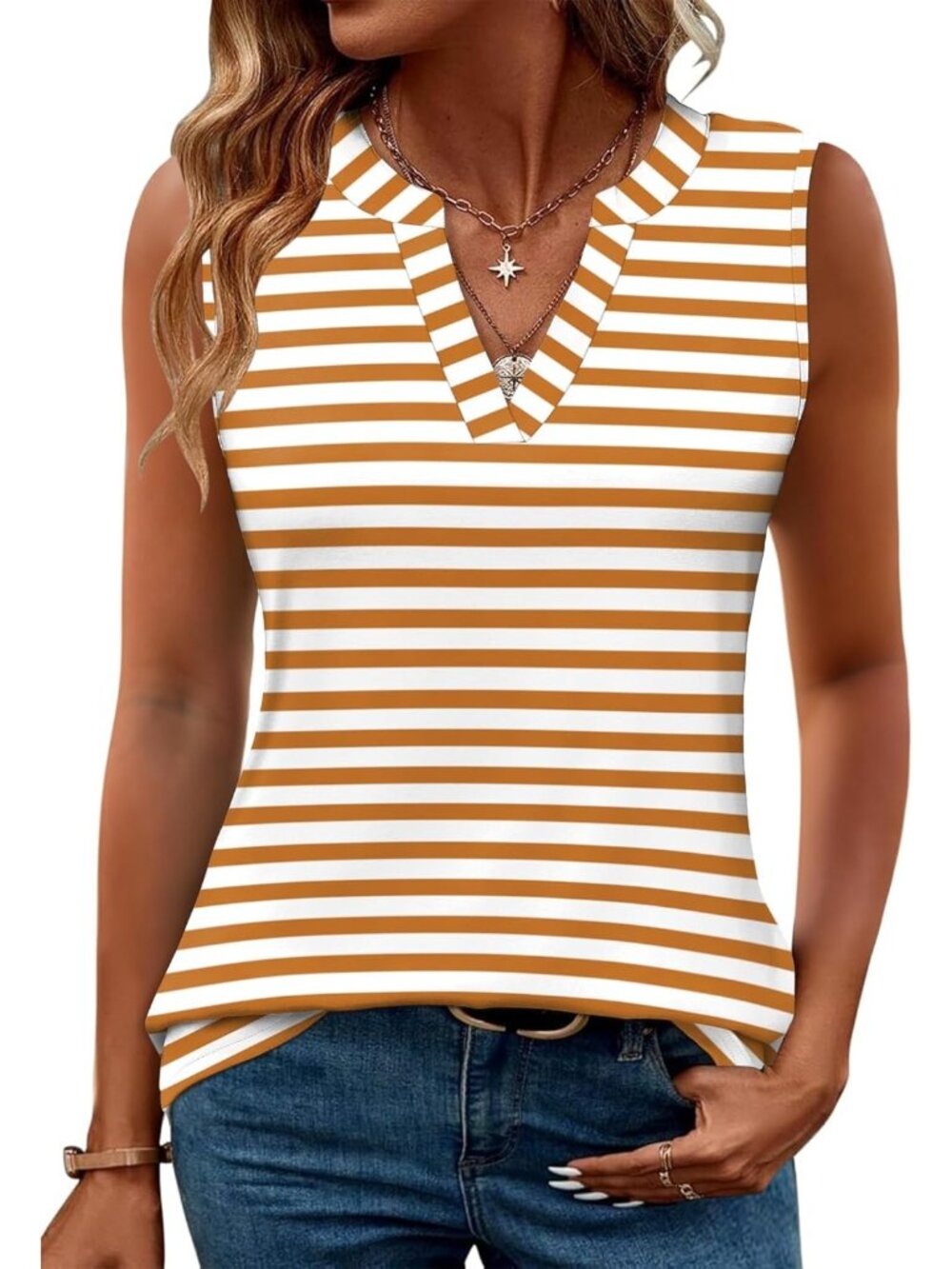 Women's Brown Stripes Sleeveless V Neck Shirt Blouses Tunic Imported Tank Tops
